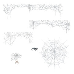 Spider web of different shapes, seamless horizontal border. Watercolor illustration. Hanging cobwebs and small spiders, isolated on a white background. The theme of witchcraft and Halloween