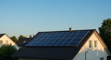 Fototapeta premium Solar panels installed on house roof under clear blue sky 