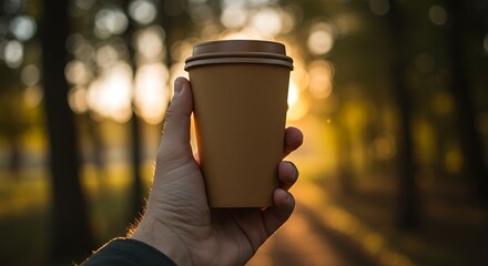 Hand holding coffee cup against blurred golden sunset in the woo