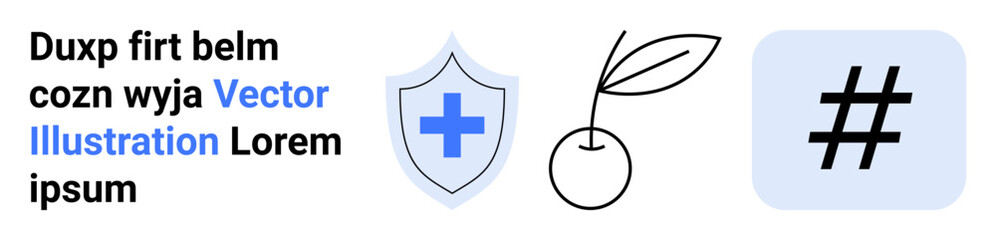 Text block, security shield with medical cross, cherry with stem and leaf, and metadata tag symbol. Ideal for healthcare, technology, nature, minimalism, safety social platforms simple landing page