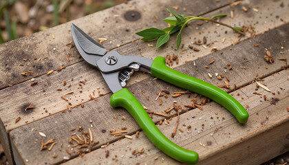 Garden shears resting on wooden surface with plant debris nearby  