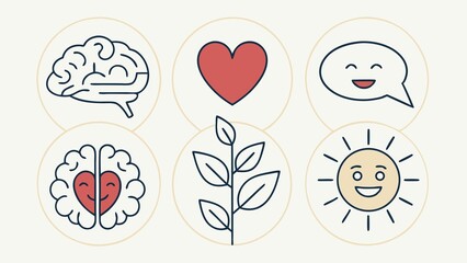 Mental wellness icon set featuring brain, heart, conversation bubble, calm face, growth plant, and sun — clean flat design, light color palette, therapeutic theme