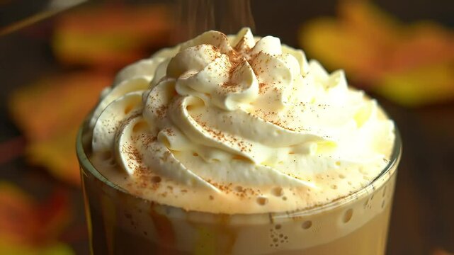 A cozy autumn scene featuring a pumpkin spice latte topped with whipped cream, set against warm seasonal tones. A comforting, festive drink captured in high detail with generative AI.

