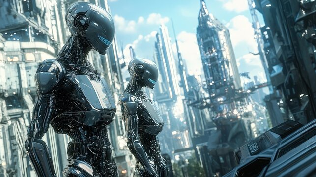 Aliens with sleek metallic bodies standing in a futuristic high-tech cityscape