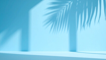 Blurred Palm Leaf Shadow on Light Blue Wall in Minimal Abstract Summer Background