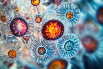 Microscopic view of intricate, colorful, translucent, bioluminescent organisms resembling flowers.