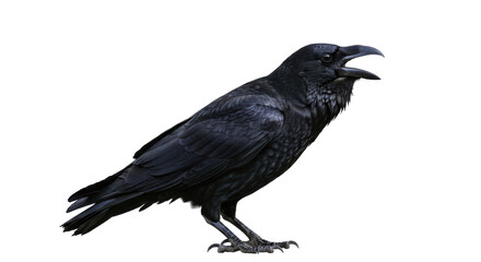 Obraz premium Black Crow Raven Isolated on Transparent PNG, crow, raven, bird, black, corvid, intelligent, smart, symbol, mystery, dark, ominous, nature