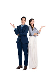 Full body image of woman asian business and manager man posing on PNG background	
