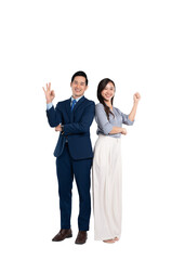 Full body image of woman asian business and manager man posing on PNG background	
