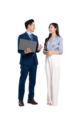 Full body image of woman asian business and manager man using laptop and posing on PNG background	

