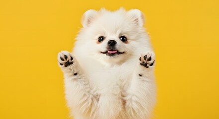 pomeranian puppy say hello raise its hand
