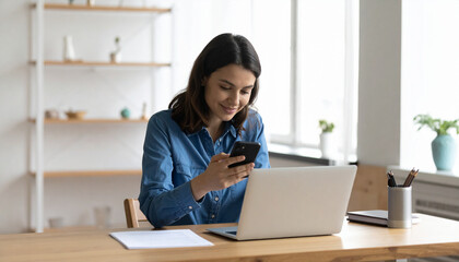 Business Woman Using Smartphone and Laptop for Online Work and Internet Surfing