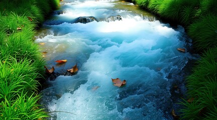 Clear Blue Stream Flowing Through Lush Green Grass Banks