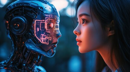 Naklejka premium A young woman gazes intently at a futuristic robot, illuminated by neon lights in an urban setting