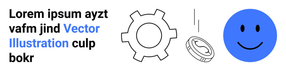 Gear symbolizing process, coin representing finance, and happy face for positivity with placeholder text. Ideal for business, strategy, finance, creativity, positivity, workflow simple landing page