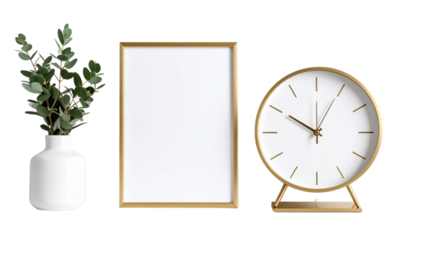 Brass Desk Clock With Blank On Minimalist isolated on solid white background  