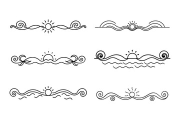 
Ornate Sun divider Fancy Lines summer Elegant, Swirling Lines sunset and sunrise tropical beach ornate border design, beach vibes Thin line calligraphy page separator decorative element
