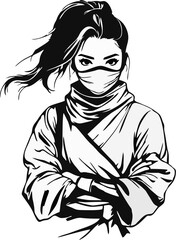 Elegant Female Ninja Line Art – Black and White Ink Illustration of Woman Warrior