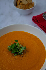 Fresh carrots, onions, and spices laid out for preparing healthy homemade soup