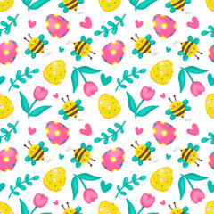 Easter pattern with eggs, tulip and bee. Spring seamless pattern. In hand drawn style. In bright colours. Happy Easter.