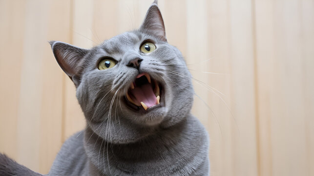 The gray cat looks up, mewing and having widely opened a mouth