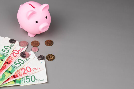 Israel currency New Israeli shekel (NIS) banknotes and agorot coins and a piggy bank, concept of saving money, inflation, economic crisis, rising prices, and financial management.