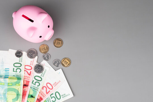 Israel currency New Israeli shekel (NIS) banknotes and agorot coins and a piggy bank, concept of saving money, inflation, economic crisis, rising prices, and financial management.