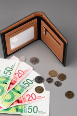 Israel currency New Israeli shekel (NIS) banknotes and agorot coins and empty wallet, concept of saving money, inflation, economic crisis, rising prices, and personal finances.