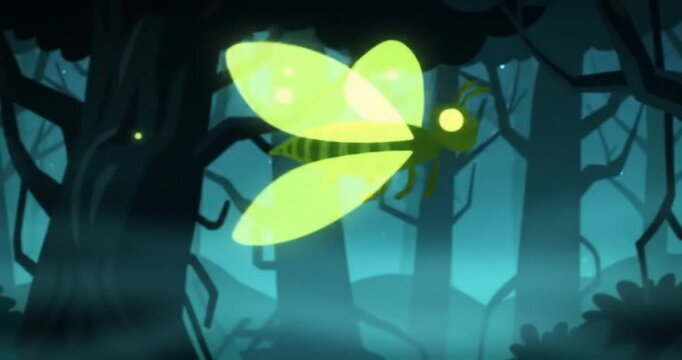 Mystical Fireflies in Night Forest
