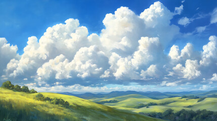 Fluffy White Clouds Over a Rolling Green Hill Under a Blue Sky, Textarea 