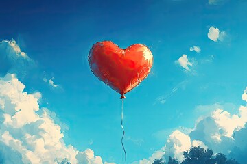 Fototapeta premium A heart-shaped balloon with a string, set against a bright blue sky, ideal for love messages