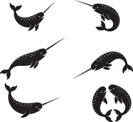Silhouette Narwhal Set on Black Background Marine Mammal Icons Aquatic Animal Vector Illustration Sea Creature Graphic Design