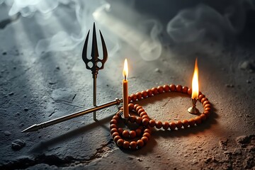 Shivratri trident trishul and rudraksha mala, Indian hindu culture and tradition