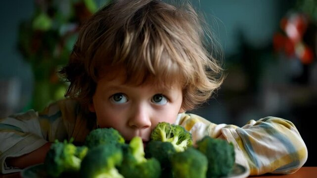 Young child contemplating a plate of green broccoli for a healthy meal, close up view, indoor setting, diet and nutrition concept