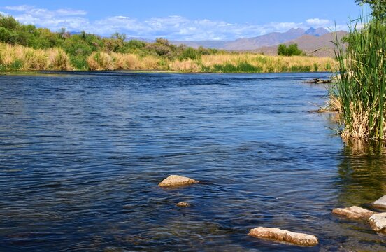 the picturesque lower salt river and mountains on a sunny sunny day in the phon d sutton tonto national forest, near phoenix arizona
