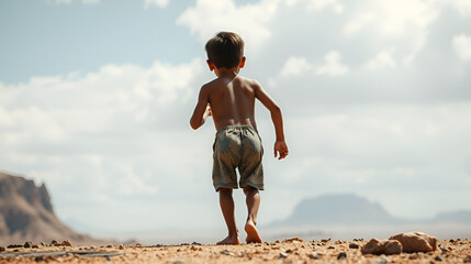 Hungry boy on the dry land. Back view.