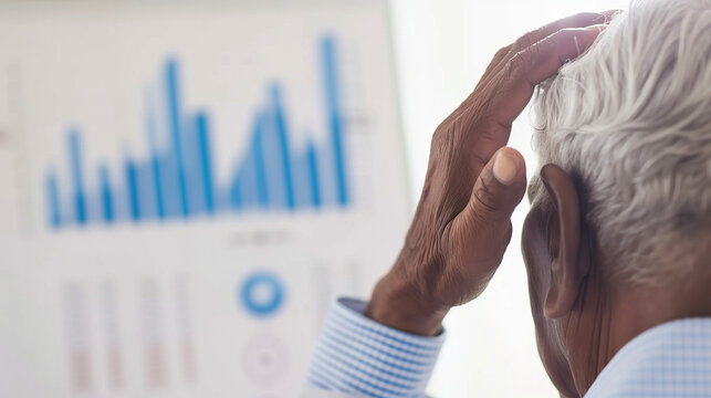 Concerned senior man touching forehead with medical chart, symbolizing health checkup and stroke risk awareness, elderly healthcare and medical examination concept.