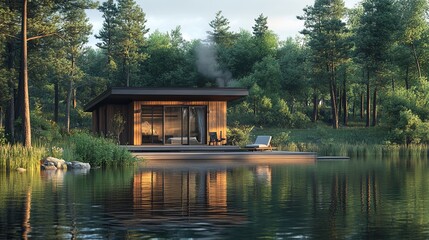 Obraz premium Peaceful lakeside cabin with reflections in the water.