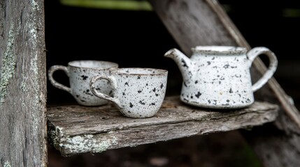 A white speckled teapot and two matching mugs sit on a weathered wooden shelf.