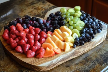 A heart-shaped fruit platter arranged beautifully on a wooden serving board for Valentine's Day