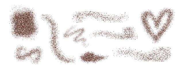 Coffee powder in different shapes. Granule scatter and dust particle textures isolated on white background. Vector illustration of roasted arabica grains
