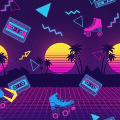 Vibrant Neon 80s Seamless Design &mdash; Cassettes, Roller Skates, and Geometric Shapes