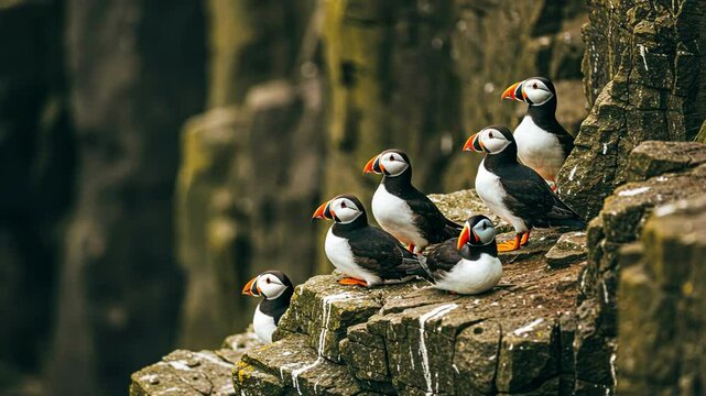 Atlantic puffins perched on rocky cliffs, close-up of these birds.