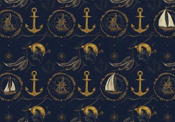 Nautical Summer Pattern &mdash; Elegant Anchors, Ropes, and Sailboats in Classic Maritime Colors