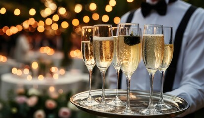 Elegant waiter serves sparkling champagne glasses at an outdoor celebration with festive bokeh lights in the background.