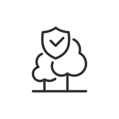 Trees with shield, linear icon. Environmental protection or nature insurance. Line with editable stroke.