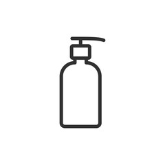 Pump dispenser bottle, linear icon. Liquid soap or lotion container. Line with editable stroke.