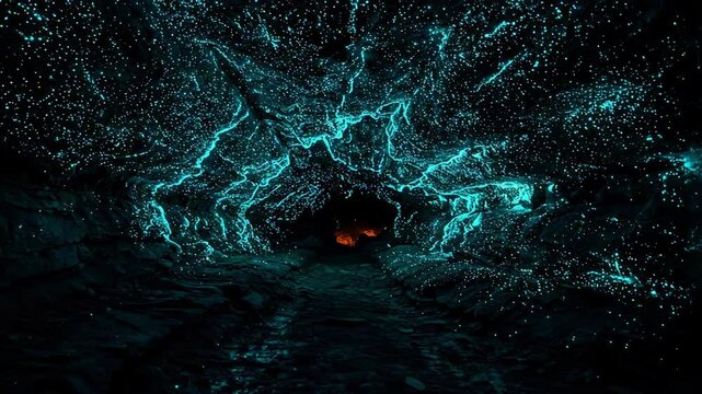 Glowing worms illuminate the cavern creating an ethereal ambience.