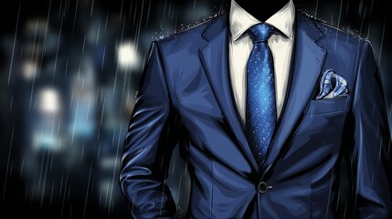 Elegant businessman in a blue suit standing in the rain with a blurred city background