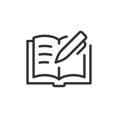 Open book and pen linear icon. writing, learning, or note-taking. Editable stroke.